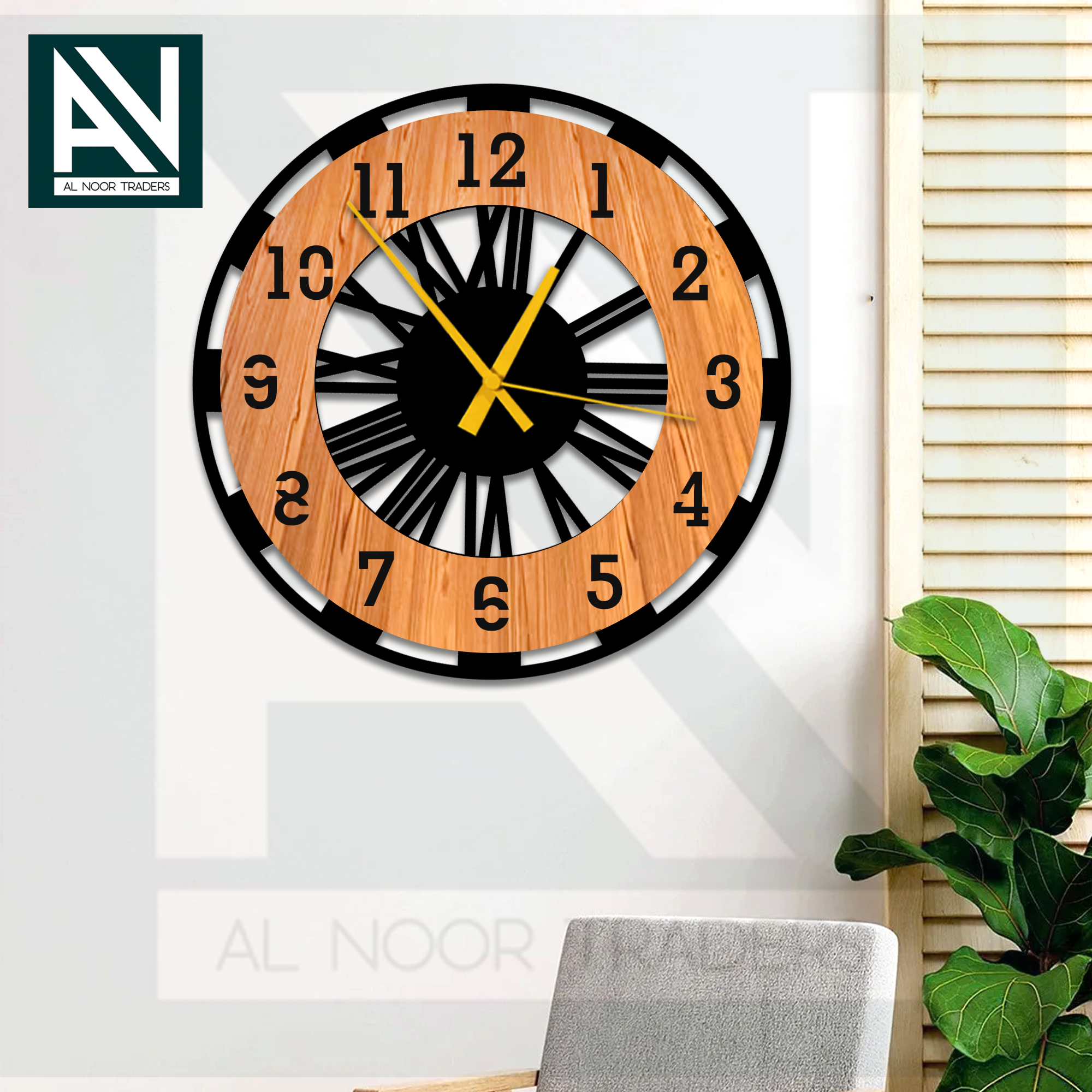 Al Noor Traders Brand 11 BY 11 inch Big size wall clock Orignal Creative design By Al Noor Traders Brand Wooden Wall Clock & Decorating items for Home or Office Numeral Quartz For Home Decor Living Room And Offices And For Gifts