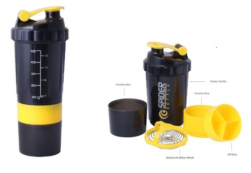 3-in-1 Spider Protein Shaker Bottle Sports Gym Water Bottle Multi-Purpose Shaker with Extra Supplement and Pill Capsule Storage BPA Free Plastic Easy Grip Leak Proof-500ml