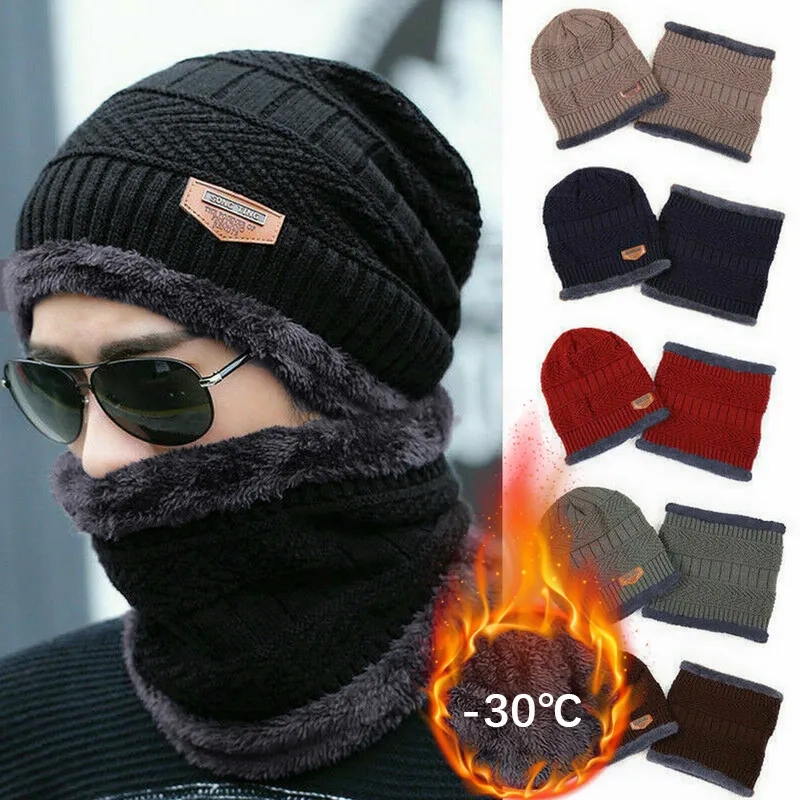 Mens Winter Beanie Hats Scarf Set Warm Knit Skull Cap Neck Warmer with Fleece Lined Winter Hat for Women