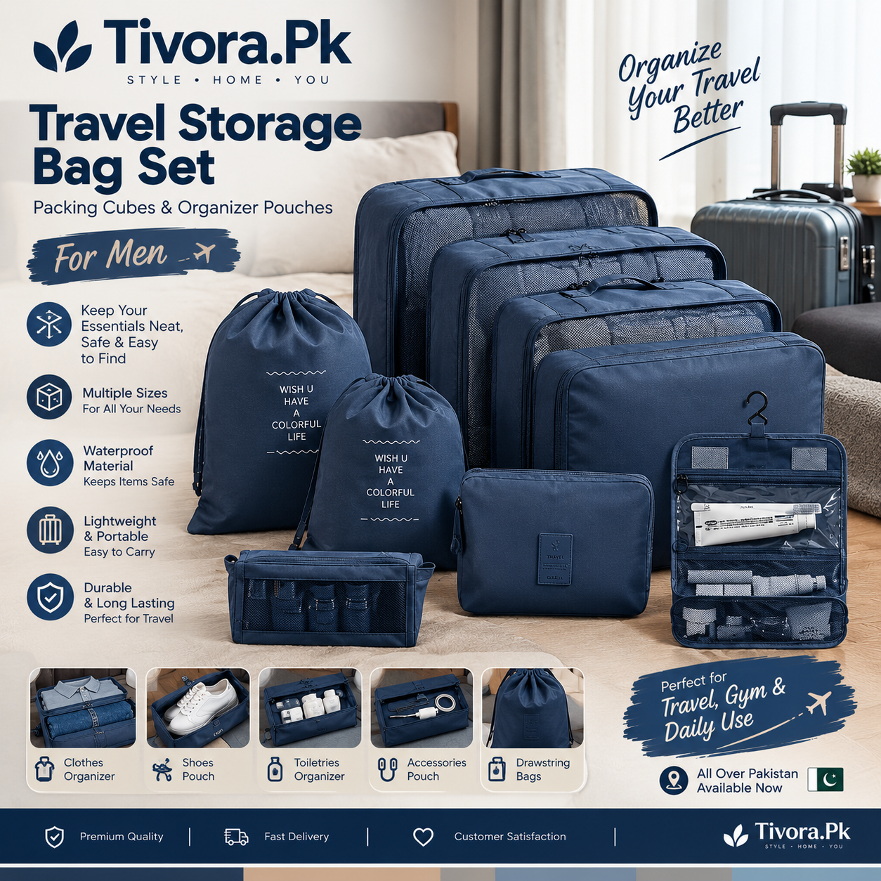 Tivora.Pk -Travel Storage Bag Set – Portable Waterproof Luggage Organizer Packing Cubes – Clothes, Shoes & Toiletries Organizer Pouches for Suitcase, Backpack & Travel