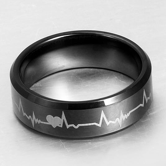 Heartbeat Laser Etched Engagement Band Rings For women and men ECG Rings Black Band