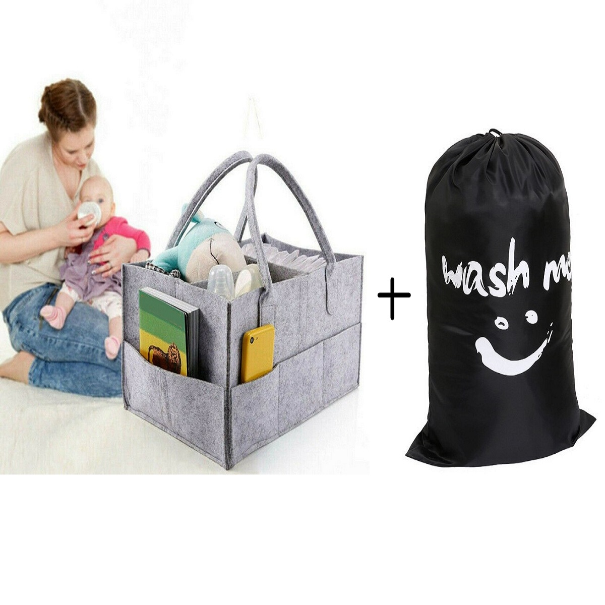 pack off 2-Baby Diaper Caddy Organizer, Kids Storage Carrier Bag, Baby Diaper Organizer, Baby Bag, Kids Bag, Portable Storage Basket, & Wash Me Travel Laundry Bag, Machine Washable Dirty Clothes Organizer, Large Enough to Hold 4 Loads of Laundry,