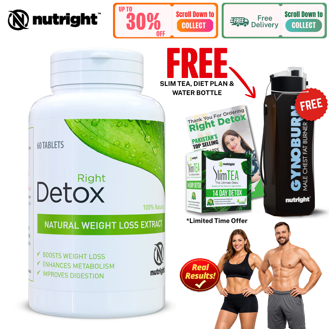 Nutright Detox Tablets | 100% Organic Herbal Weight Loss Extract | Boost Metabolism & Digestion | Free Slim Tea 14-Day Detox | Zero Side Effects | Natural Fat Burner | Boost Metabolism | Improve Digestion | 60 Tablets