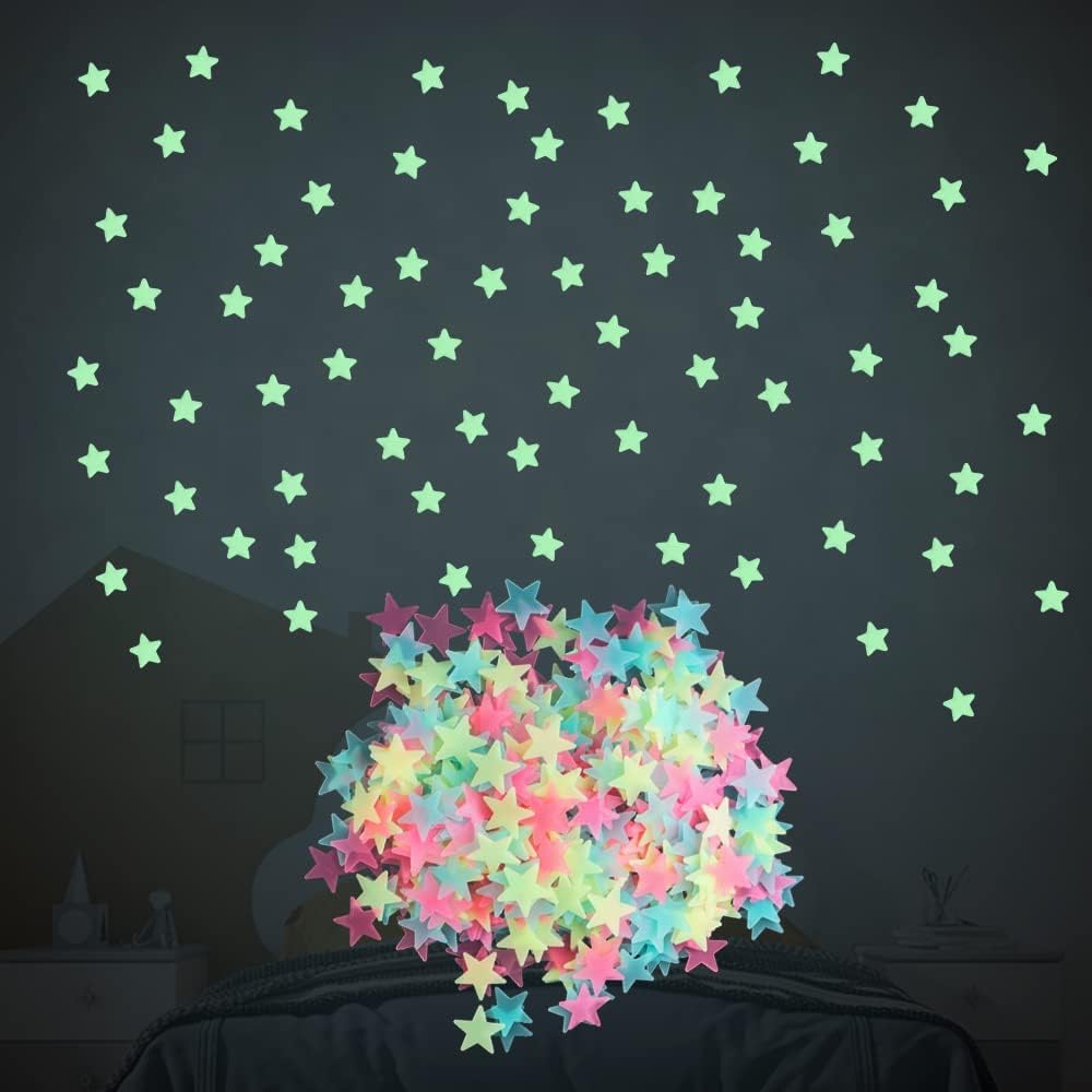 [High Quality] 100pcsGlowing star 3D stars stickers room decoration glow shine in the dark Luminous on Wall Glowing star Stickers for Kids Room living room decoration