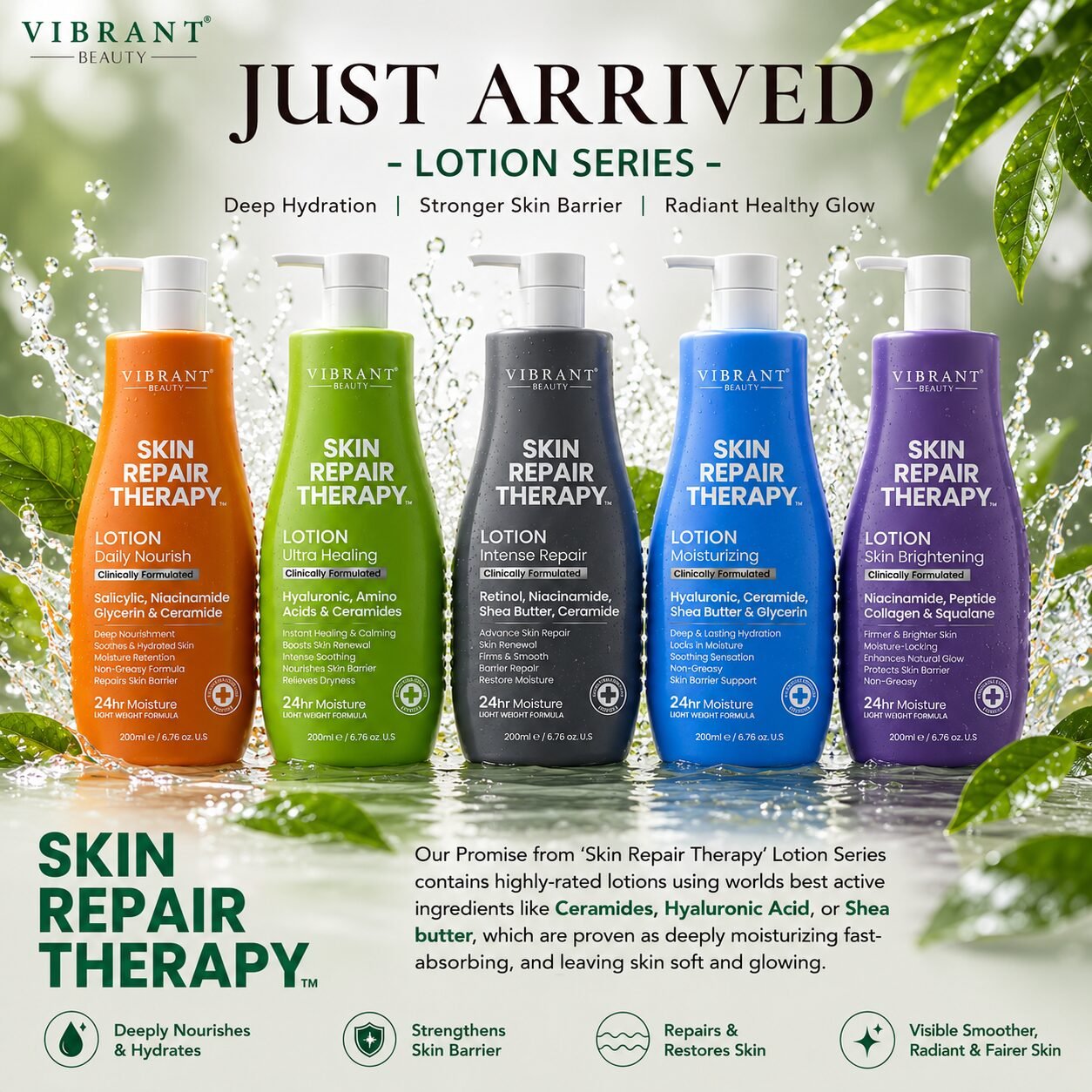 Vibrant Beauty Skin Repair Therapy Lotion Series Pack of 5 Deal | Personal Care Set | 200ml