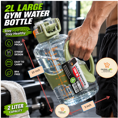 2L Large Gym Water Bottle with Straw & Handle | BPA Free Leakproof Sports Water Jug | 2000ml Motivational Fitness Bottle | Big Capacity Drinking Bottle for Gym, Cycling, Hiking & Outdoor | 2L Sports Water Bottle with Handle & Straw – 2000ml