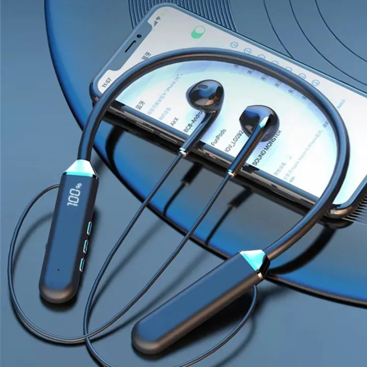 Magnetic Bluetooth 5.2 Neckband Earphones with LED Display & Noise Cancellation, Noise Cancelling Mic, Sweatproof, Siri/Google Assistant Compatible, Intuitive Touch Controls, Lightweight and Compact Design