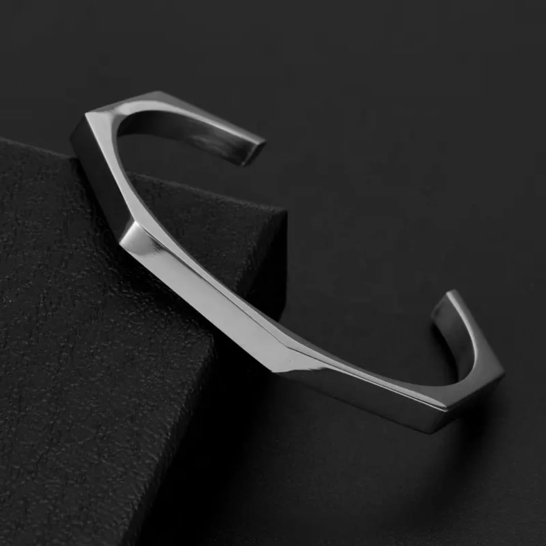 Hexagon Cuff Bracelet for Women – Minimalist Stainless Steel Bangle | Silver Open Cuff Jewelry | Adjustable Stylish Bracelet Gift for Her