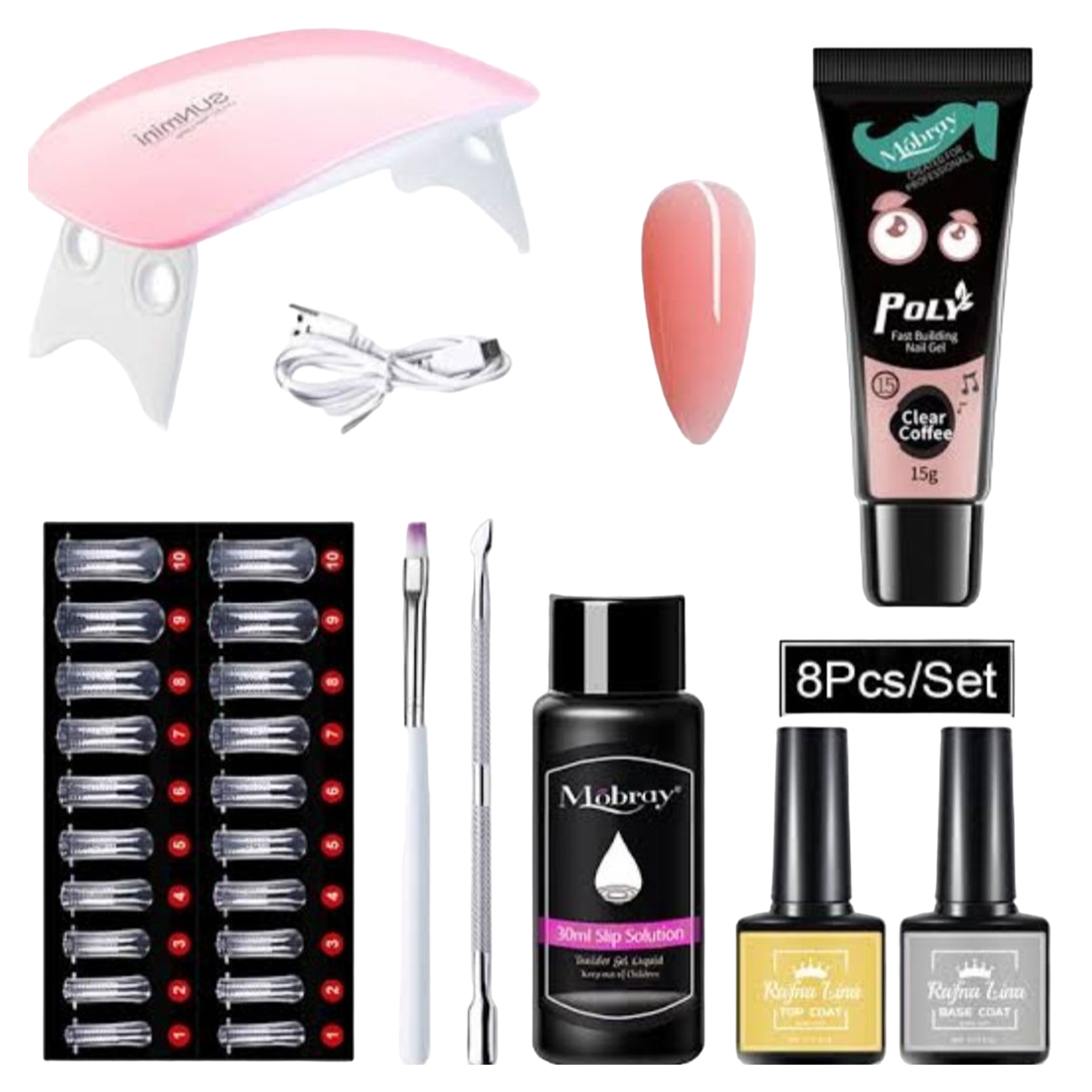 Beautious 8Pcs/Set Nail Art UV Quick Extension Nail Kit Glitter Poly UV Builder Gel Nail Tip Color Nail Tip French Nail Tip Form DIY Manicure Tool Set