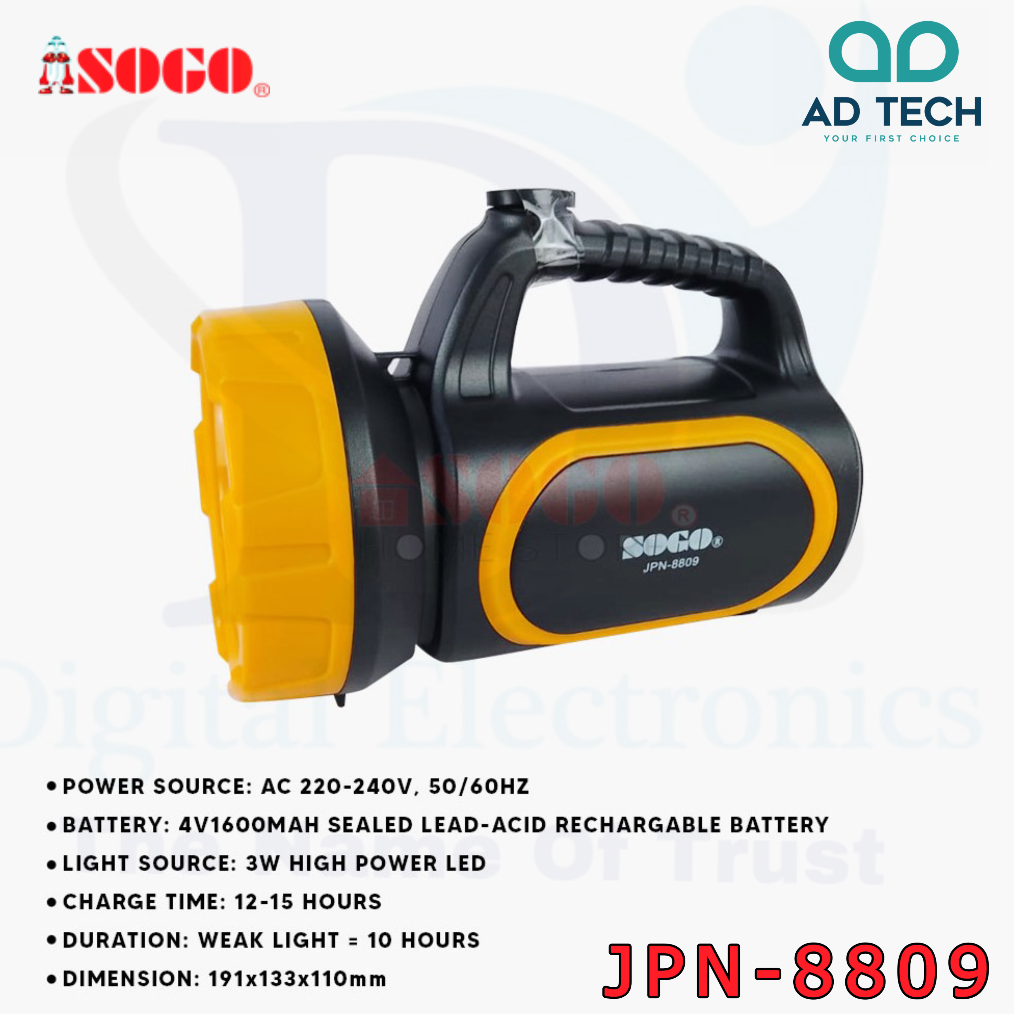 Sogo Rechargeable Powerful LED 3W Torch Light Search Light (JPN8809