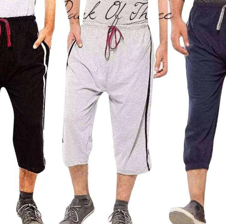 TF Clothing | Pack of 03 - Summer Cotton Jersey  Quarter Shorts For Men  Double Sided Two Strips