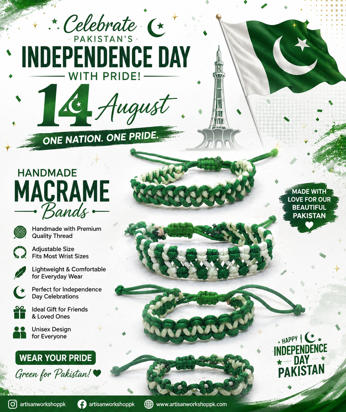 Macrame Bracelet Handmade Bracelet 14th August Bracelet Pakistan Day Independence Day Combo Badge Plus Bracelet Adjustable Bracelet, Woven Thread Rope Bracelet, Green & White Unisex Braided Cotton Thread Wristband, Handmade Jewelry, Festival Gift