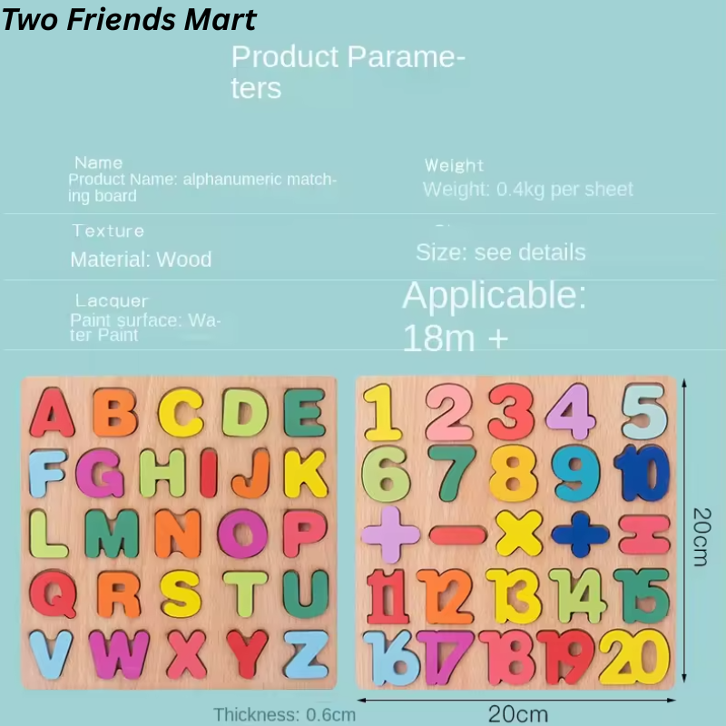 Colorful Wooden Alphabet Puzzle Board, Educational Letters and Numbers Matching Game, Kids Wooden Learning Toy and Early Education Board.