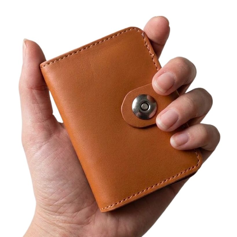 Magnetic Button Cow Leather Slim Wallet, 4 Card Slots, 1 Cash Pocket, 1 Window Card Slot
