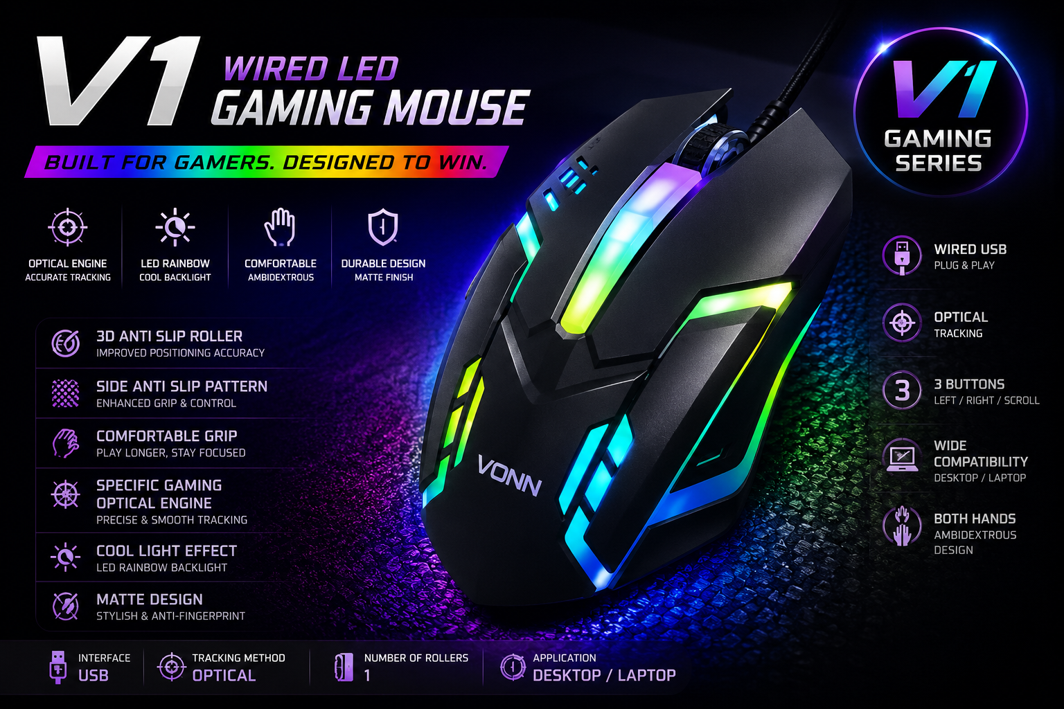 RGB Gaming Mouse Wired - LED Rainbow Light Breathing Mouse for Gaming with 1200 DPI for PC Laptop