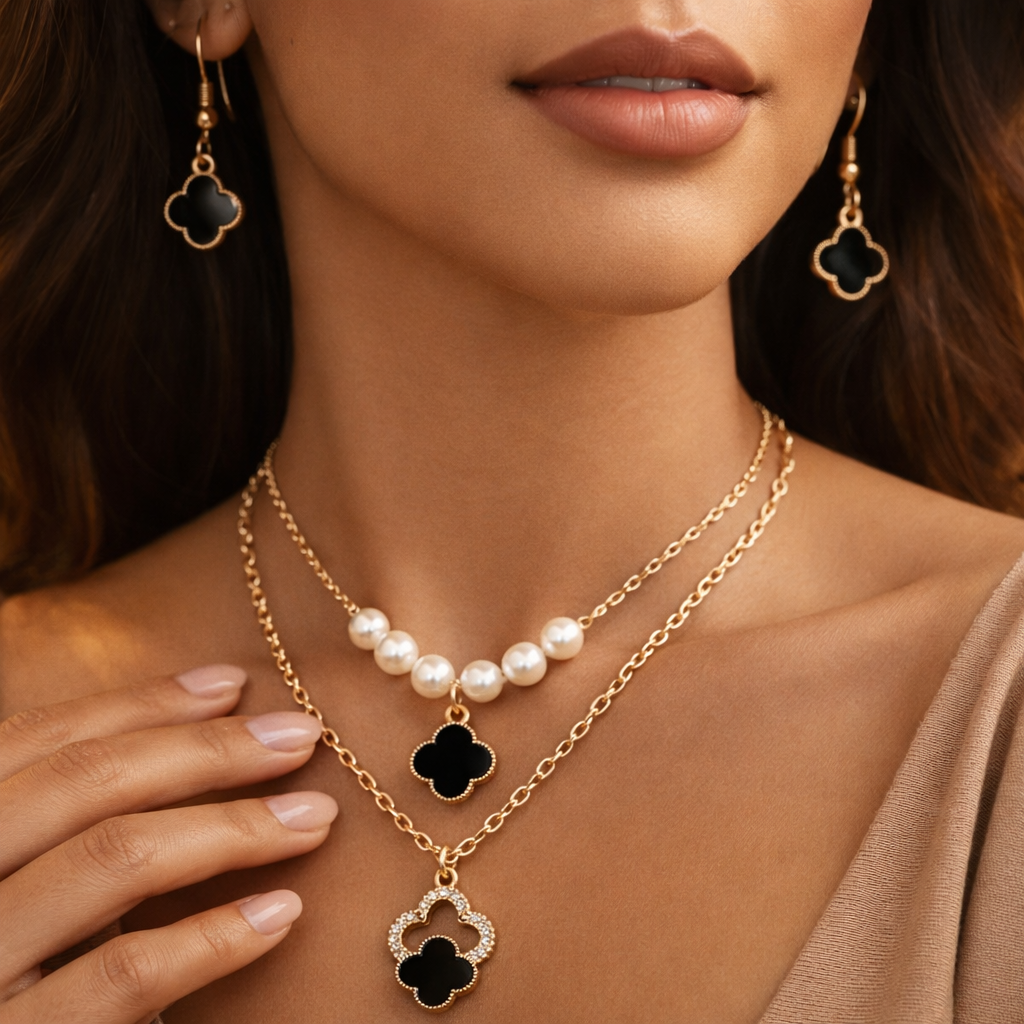 Black Stone Clover Jewelry Set for Women – Luxury Artificial Gold Plated Necklace | Stylish Pearl Chain Pendant | Crystal Diamond Design Black Locket | Matching Dangle Earrings & Ring | Accessories for Girls | Elegant Trendy Fashion Gift for Girl Friend