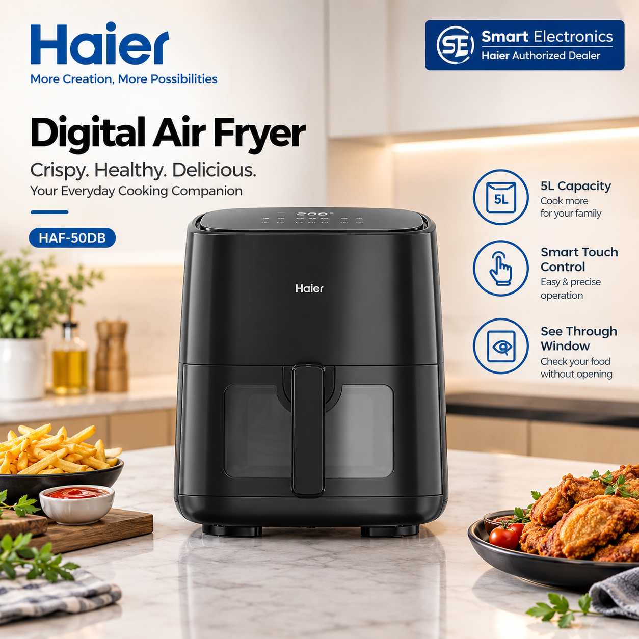 Haier HAF50DB 5L Digital Air Fryer | Smart Touch Control | 6 Auto Menus | 360° Hot Air Circulation | See Through Window | Non Stick | Black