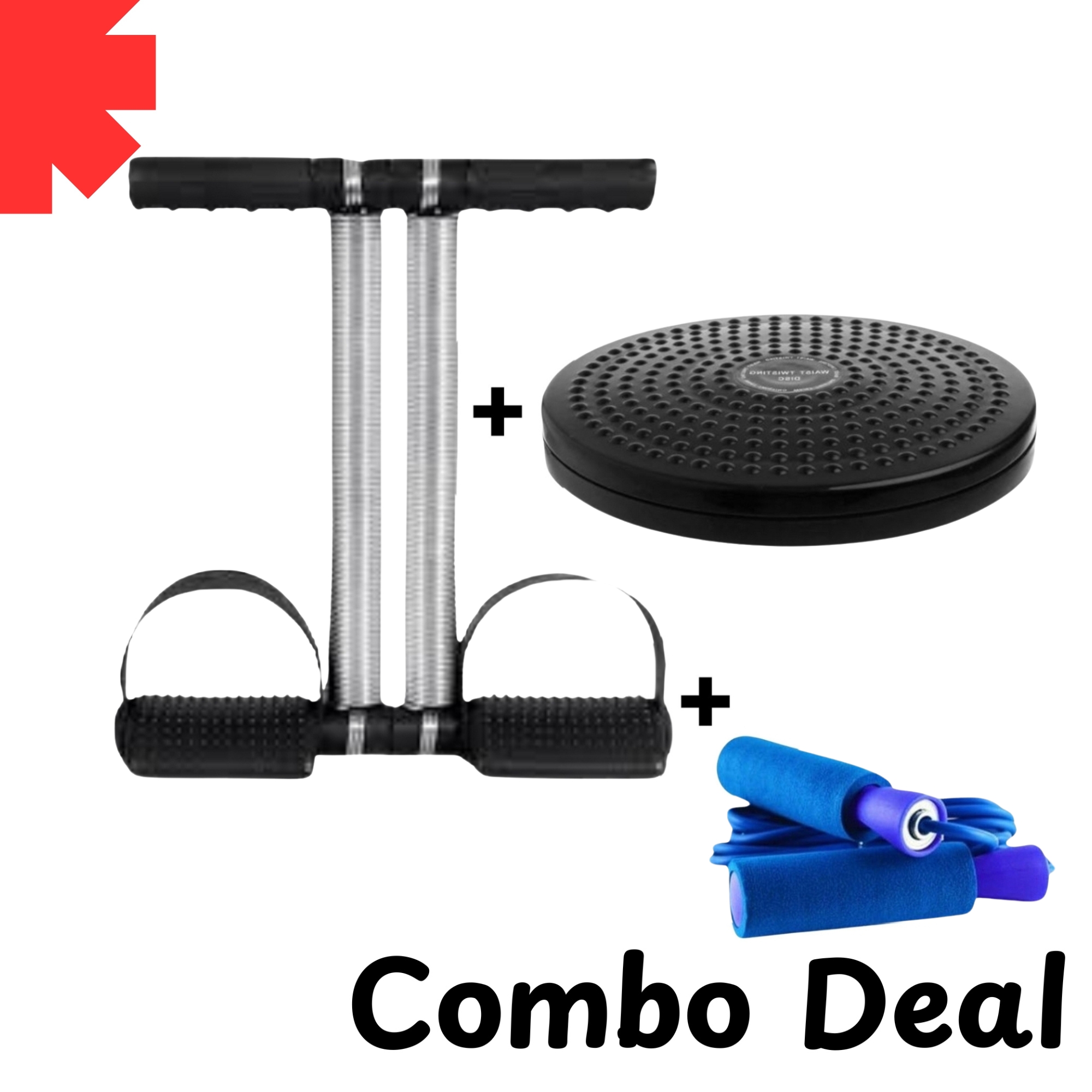 COMBO DEAL OF DOUBLE SPRING TUMMY TRIMMER +TWISTER PLATE + JUMP ROPE FOR WORKOUT