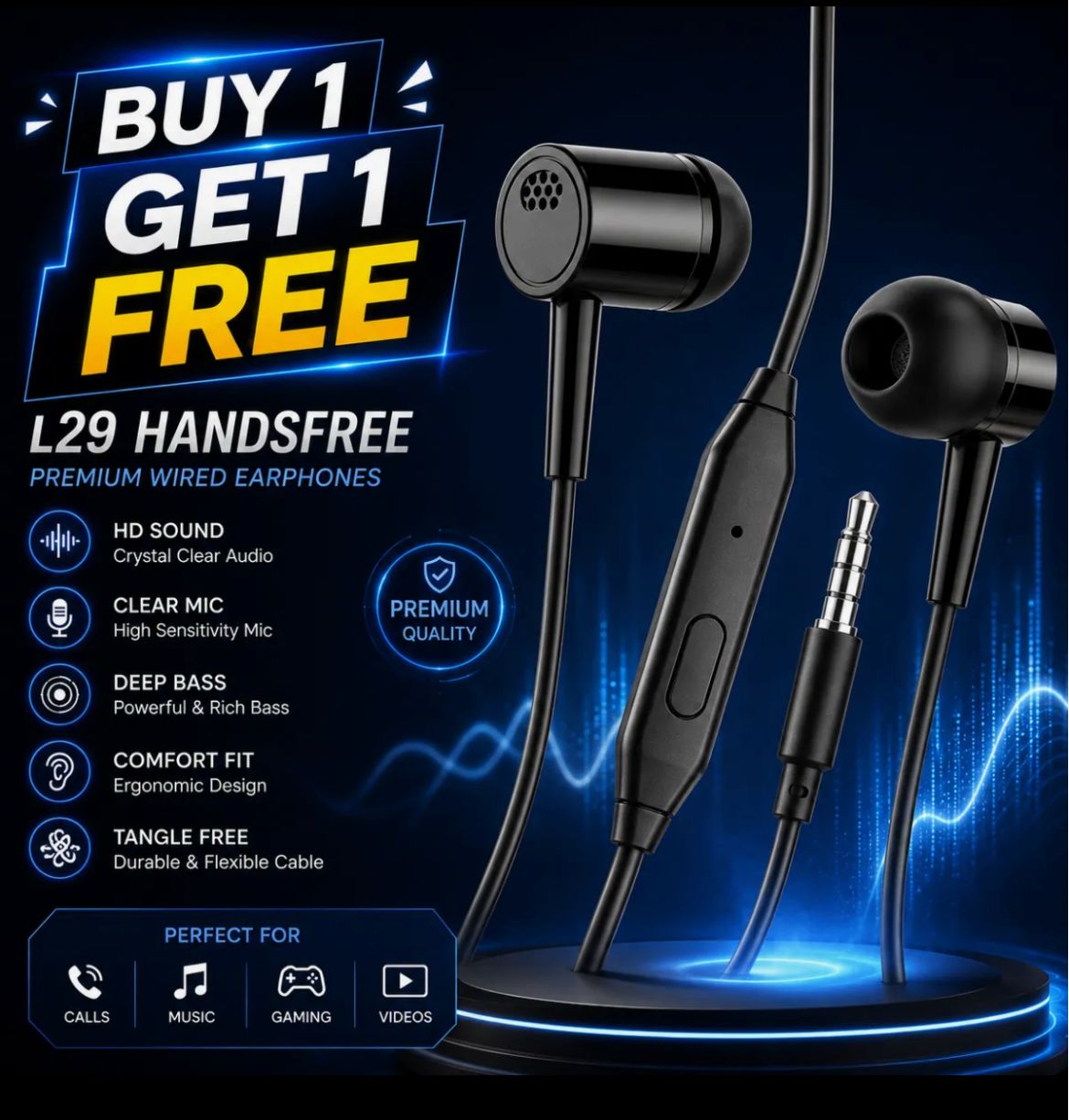 (Buy 1Get 1 Free) L29 Stereo Handsfree Ultimate High Quality Bass-Boosted Earphones Power of Pure Sound.