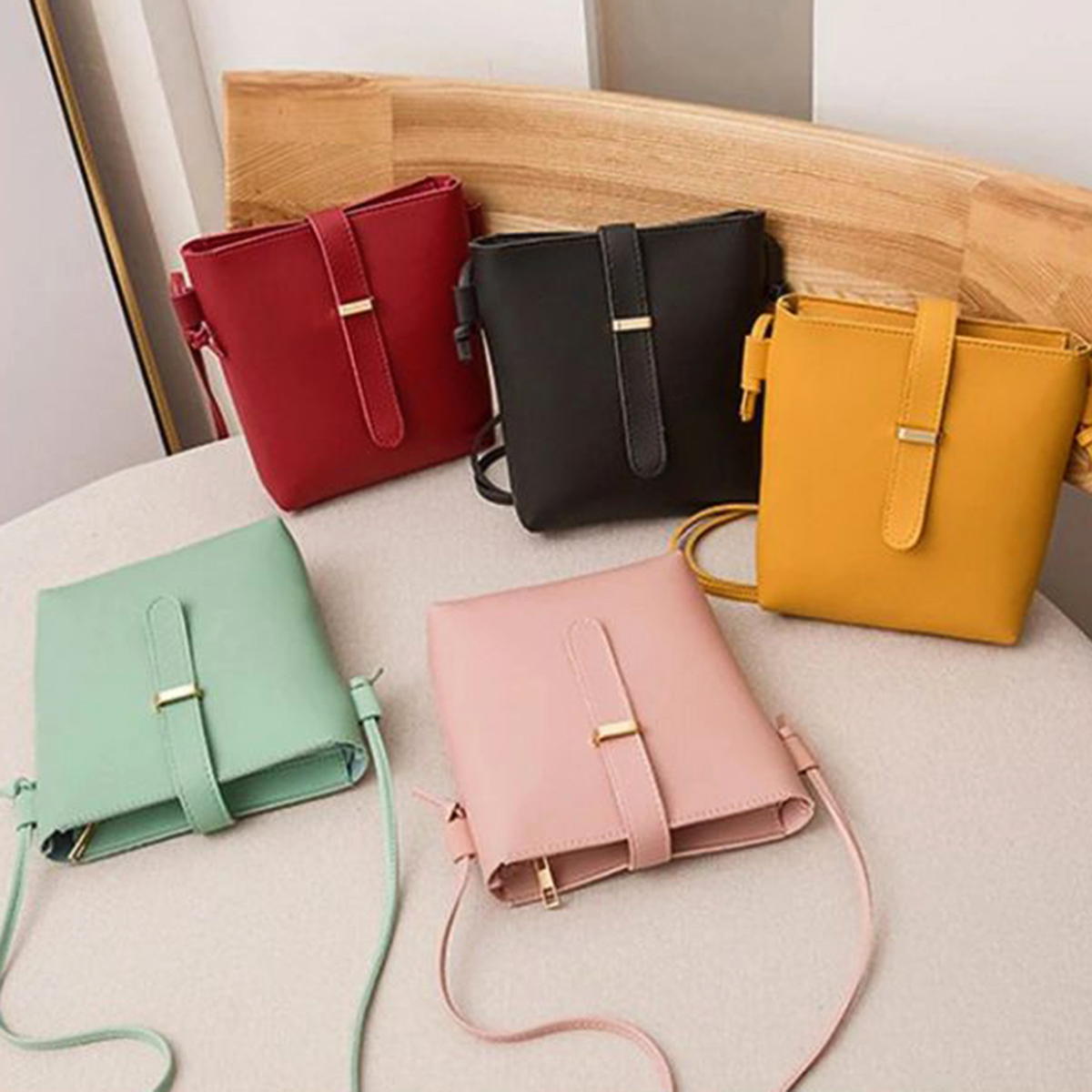 Women PU Crossbody Bucket Bag Faux Leather with Buckle for Work and Travel