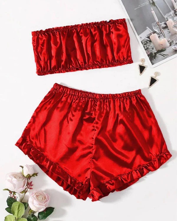 MO - 2 Piece Women Girl Ladies Silk Satin Robe Crop Tops Shorts Sleepwear Babydoll Nightdress Pajamas Set bridal Lingerie Women Dress for Night Wear and Parties Full Black Body Stocking Nighty for Women Free Bra Size BI-013 Customized Product