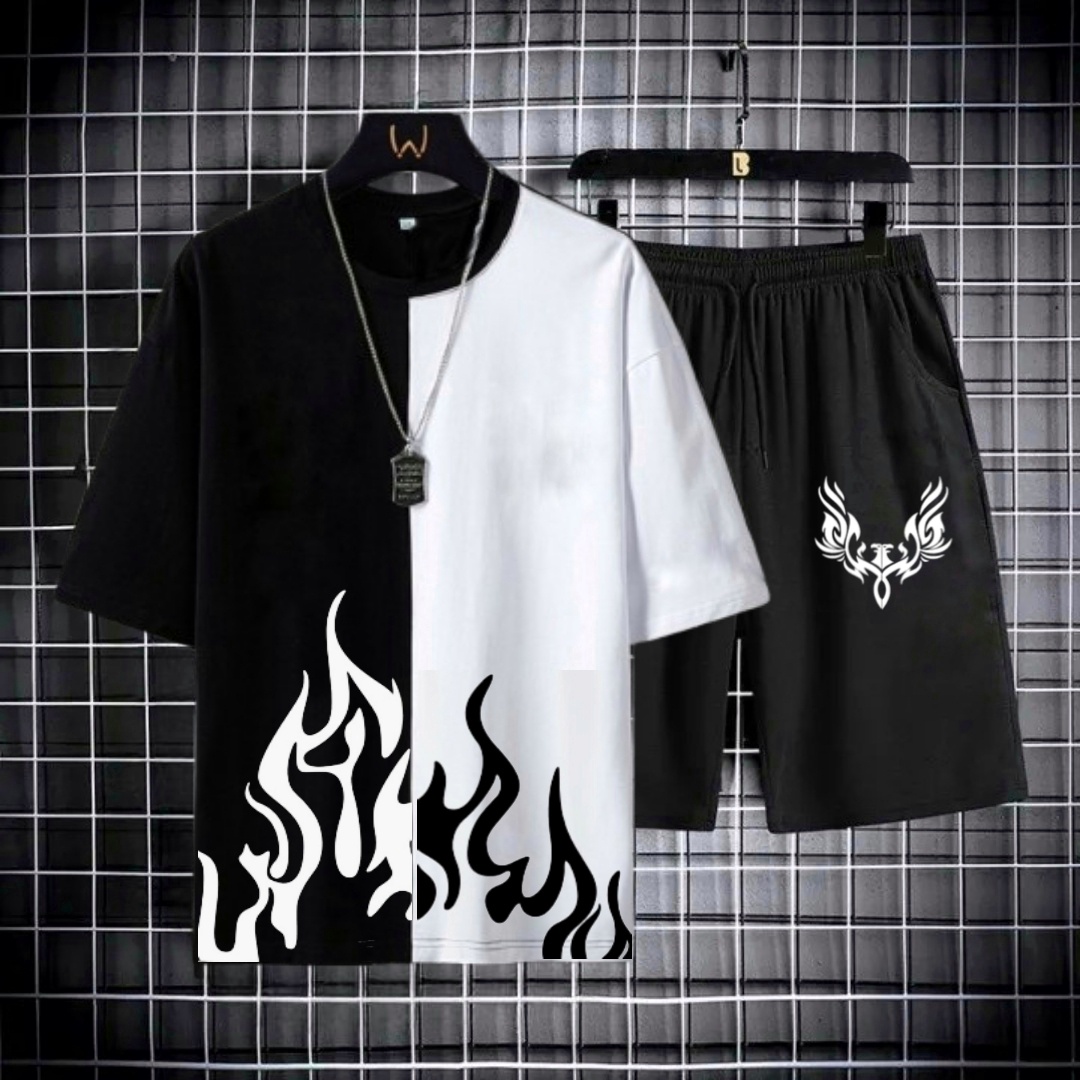 NEW TRENDY FIRE PRINTED TSHIRTS FOR MEN AND SHORT SUMMER TRACKSUIT FOR MEN