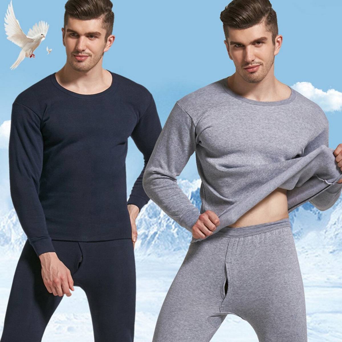 New Arrival Men's Winter Thermal Underwear Pure Colour Suit Circular Collar Warm Clothing Set