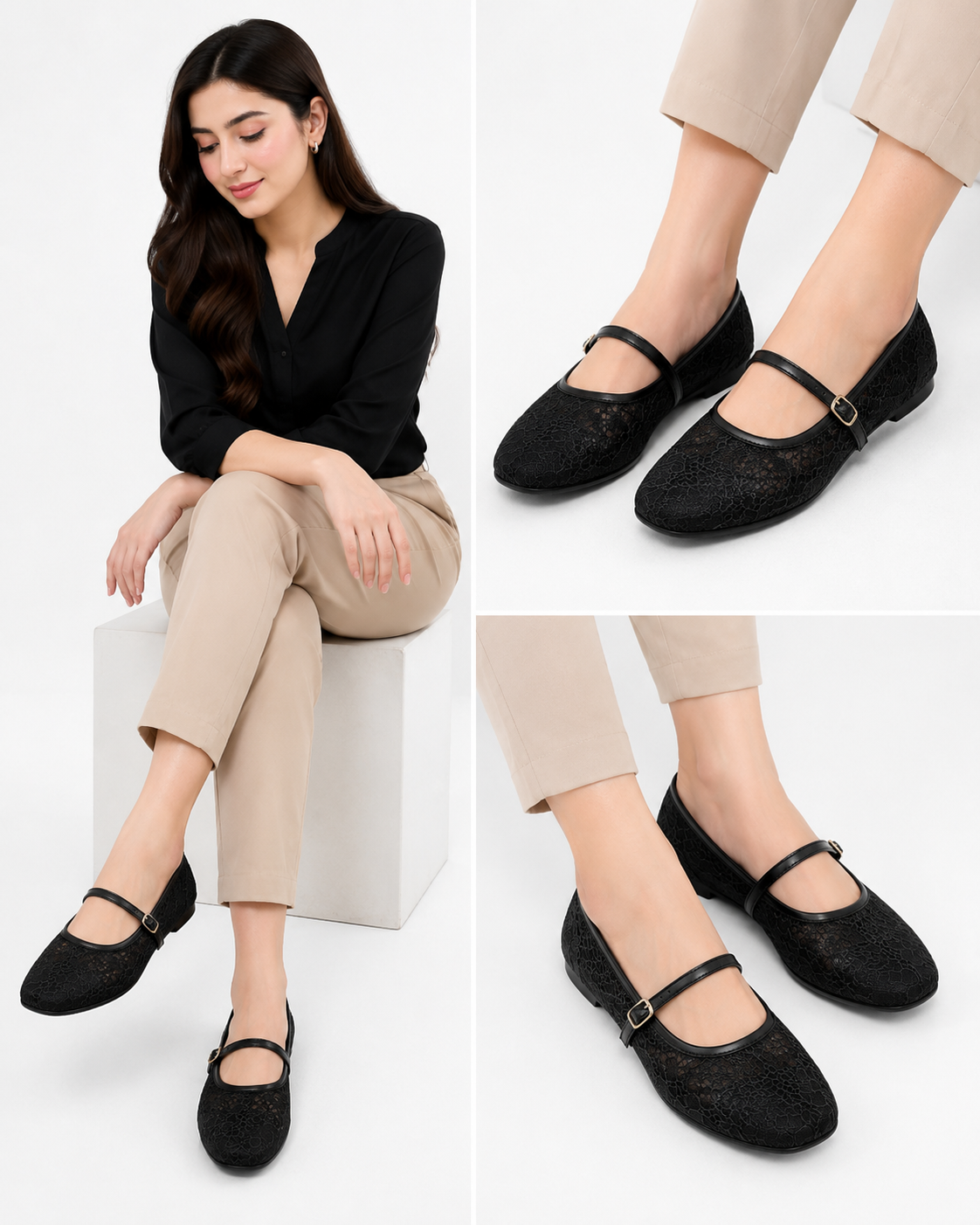 Women's Black Lace Mary Jane Flats | Elegant Buckle Strap Ballet Shoes | Soft Comfortable Casual & Party Wear Pumps black ladies shoes mary jane flats lace flat shoes buckle strap shoes women's ballet flats elegant ladies footwear casual flat shoes party
