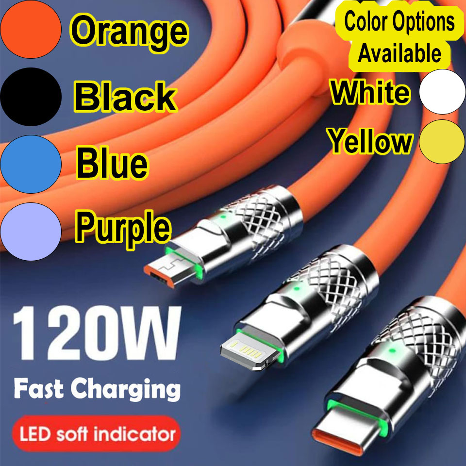 3 in 1 120W Type C Micro USB iOS Data Cable Fast Charging Liquid Silicon Universal for All Smartphones 1.2m price in Pakistan