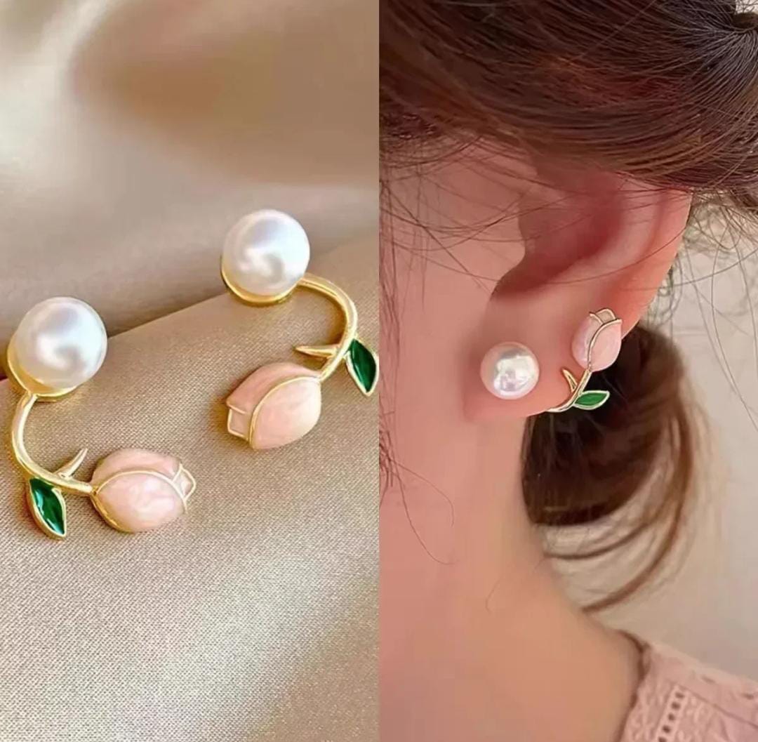 Pearl Tulip Flower Stud Earrings for girls