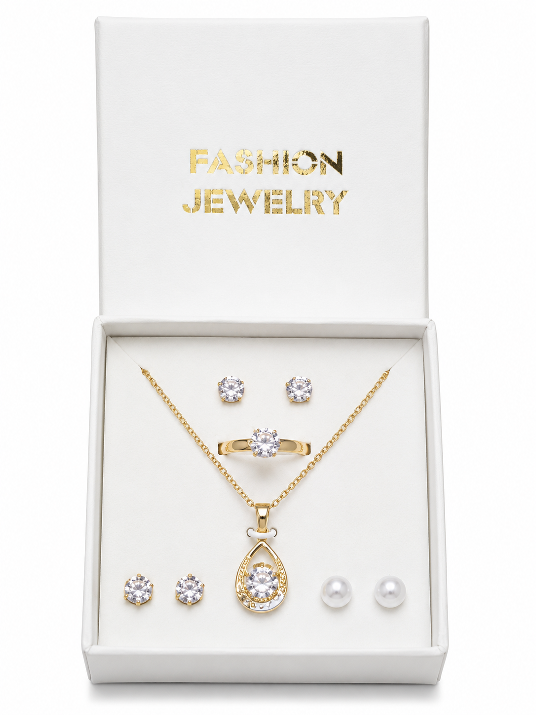 8 Pc Heart Pearl Pendant Necklace Set for Women & Girls | Silver Color Crystal Heart Locket with Pearl Chain | Matching Earrings & Ring Jewelry Set | Elegant Fashion Necklace Set | Party Wear Gift Jewelry | Bridal Engagement Birthday Gift