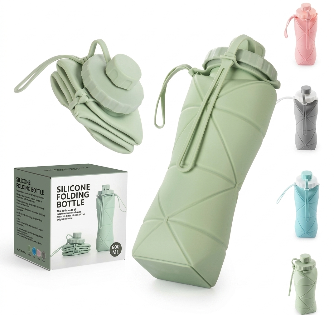 600ML Foldable Silicone Water Bottle | BPA-Free Collapsible Sports Water Bottle | Leakproof Portable Travel Bottle for Gym, Hiking, Office & Outdoor Use