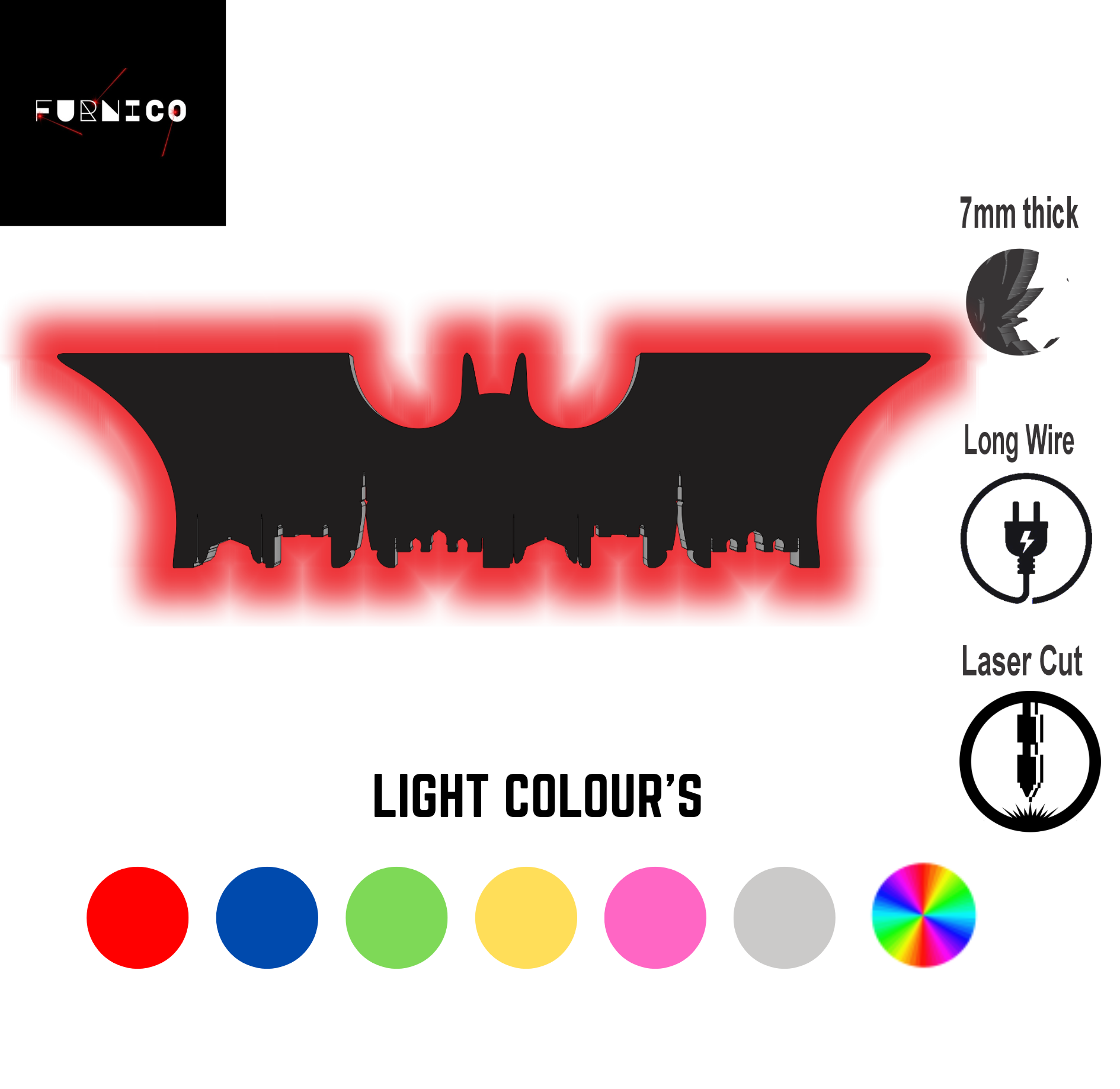 Batman-Inspired LED Wall Art Light with Multi-Color Option, 7mm Thick, Laser Cut, for Gaming and Home Decor
