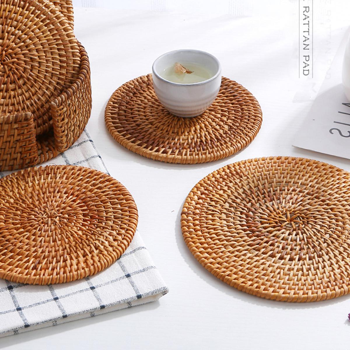 Vintage Rattan Coasters Holder Set Hand Woven Table Drinks Mats