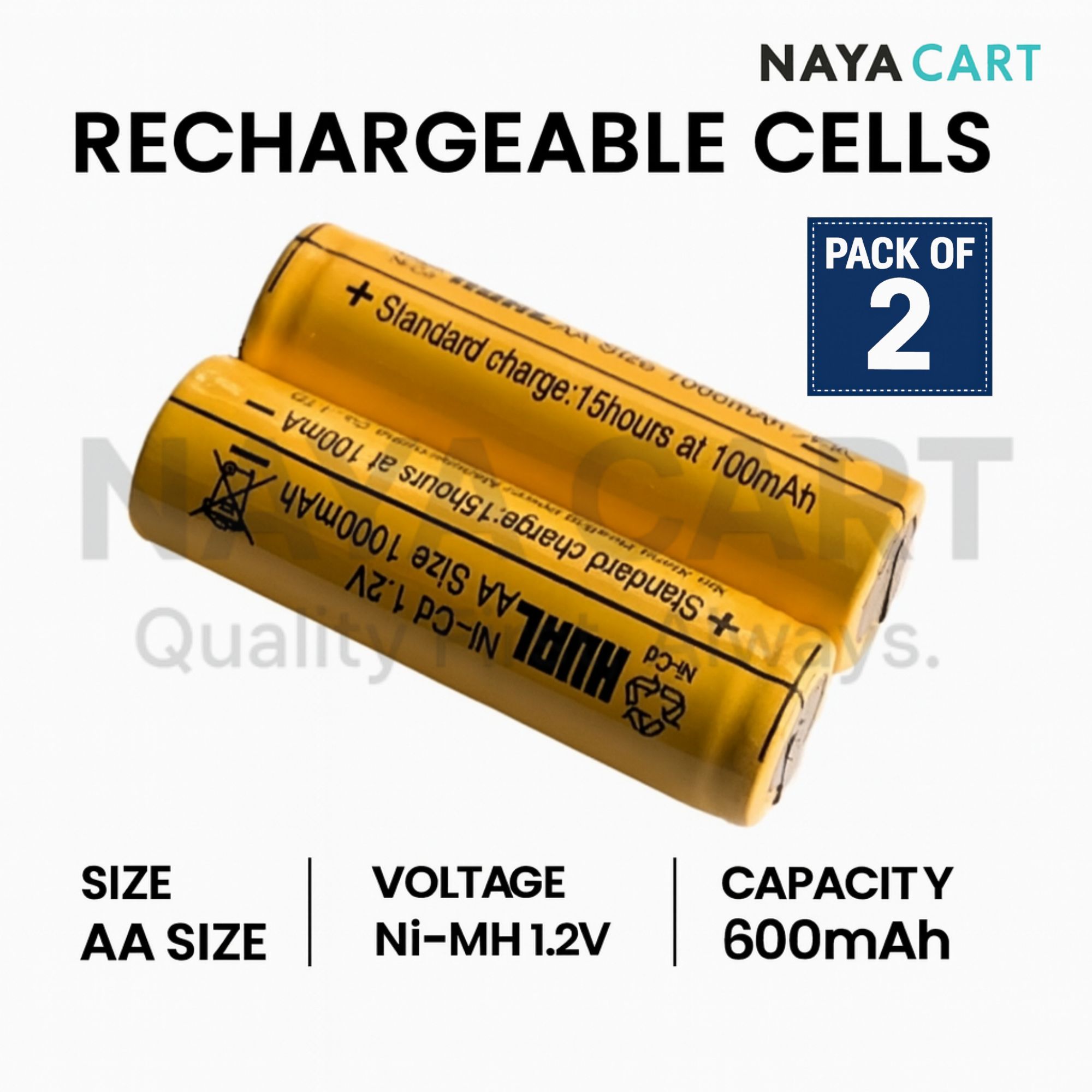 NAYA CART Original Hual Rechargeable Cell AA Size (CLOCK SIZE) | Ni-MH 1.2V Battery Cell | Real 600mAh | Best for Trimmer & Small Electronic Gadgets | Not Suitable for Power Bank or Heavy-Duty Devices