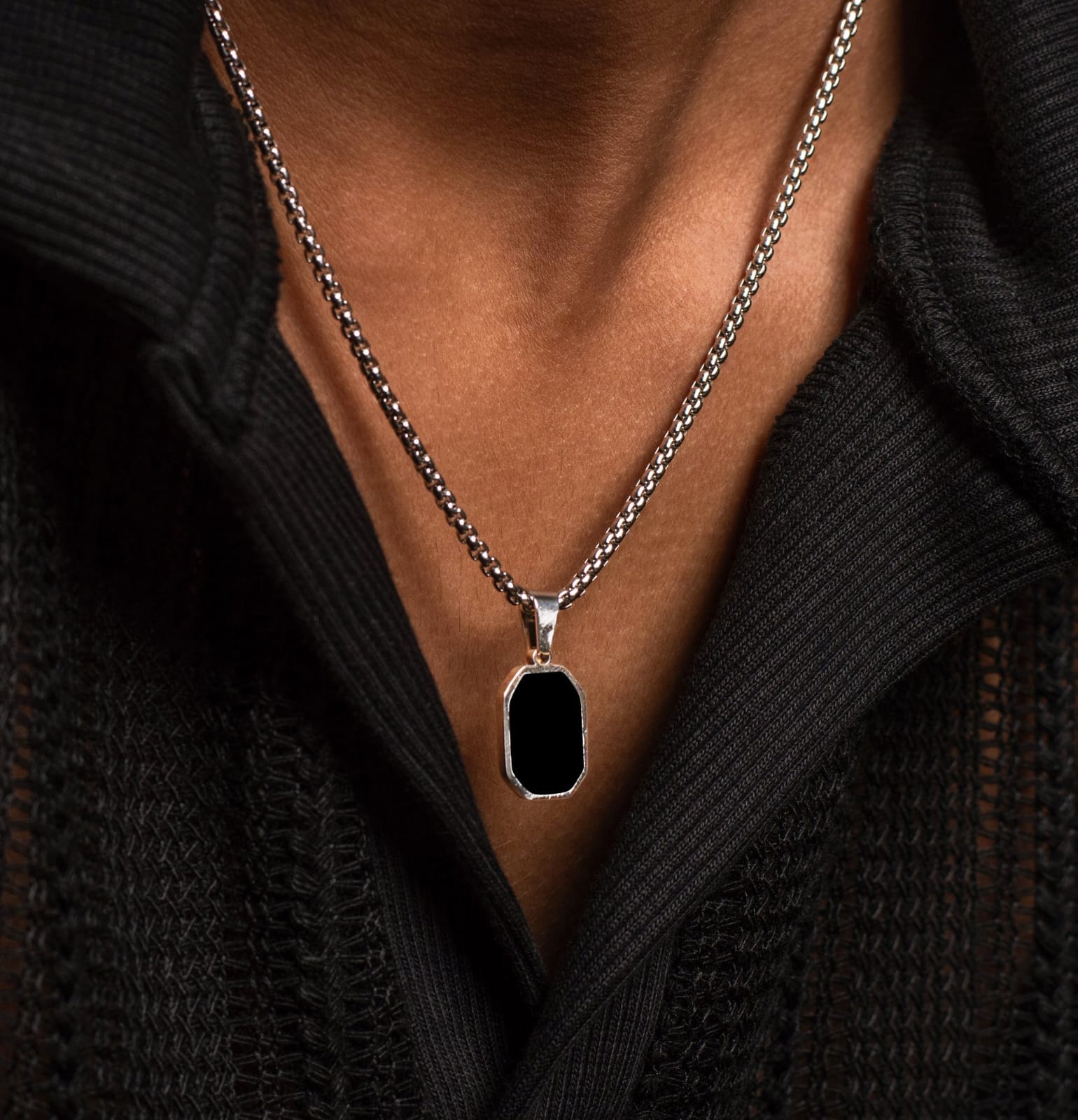 Order Studio Presenting Sleek Black Tag Pendant Necklace With Stainless Steel Chain