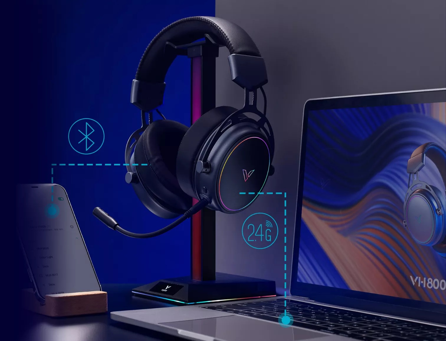 RAPOO VH800 Dual-Mode Wireless RGB Gaming Headset Black BT 5.2 & 2.4G Support Detachable Noise Reduction Microphone Up to 46 hours 15 26a973f1ad47fe5182b06c139035c640