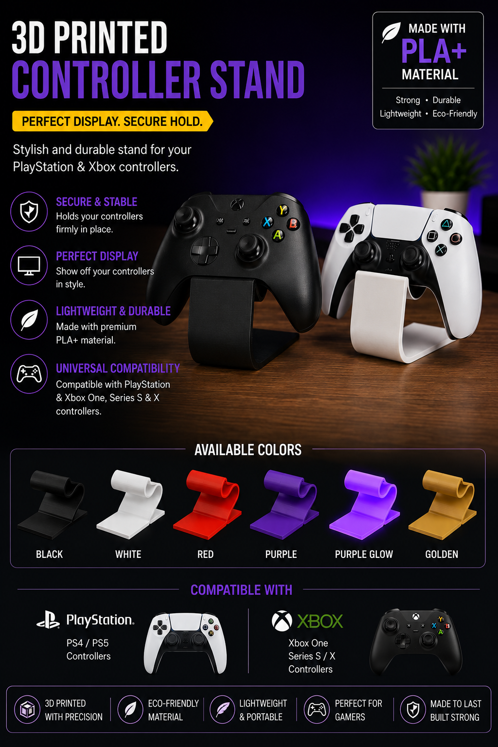 Controller Stand for PS5 PS4 Xbox One Xbox Series S/X | PLA+ Gaming Controller Holder | Desk Display Stand | Black White Red Purple Golden