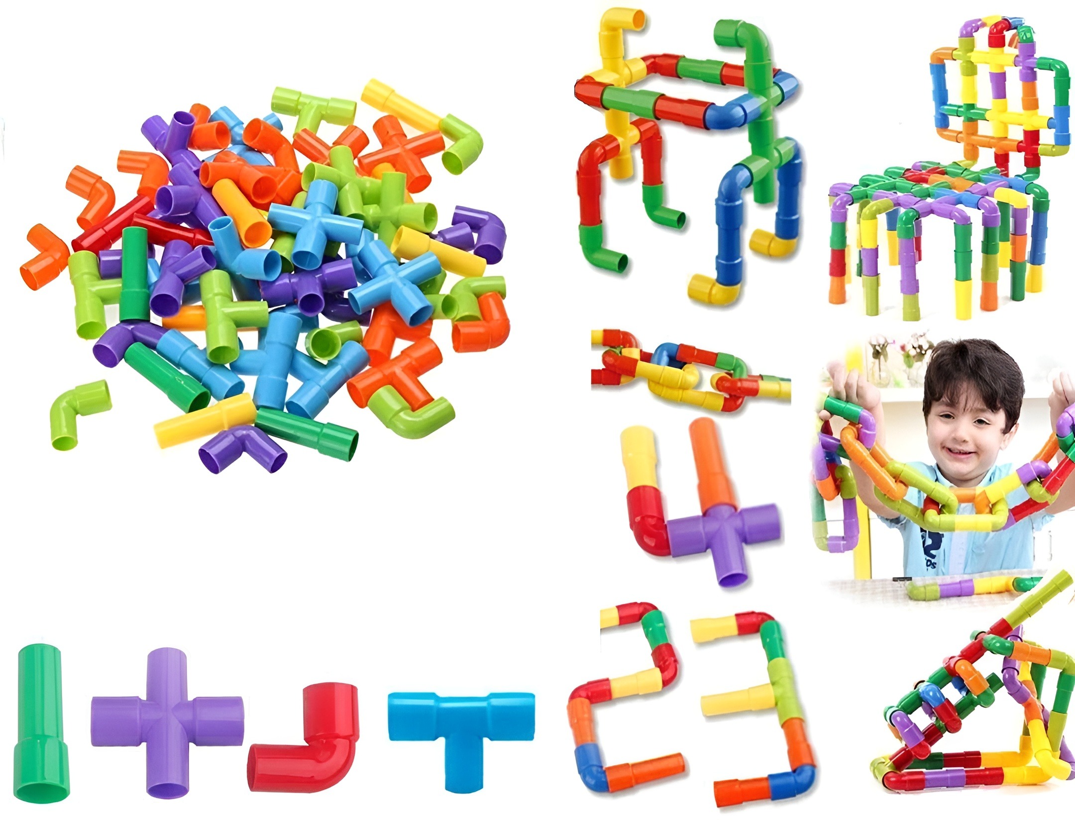Colorful Creative Pipe Puzzle Building Blocks for Kids - STEM Educational Play, DIY Construction, and Assembly Game - Multicolor Pipe Blocks Set with Wheels
