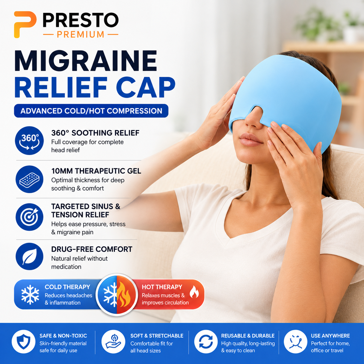 PRESTO Premium Migraine Relief Ice Cap – Reusable Hot & Cold Therapy Headache Relief Hat for Men & Women | Cooling Gel Head Wrap for Migraine, Stress, Sinus Pain & Relaxation