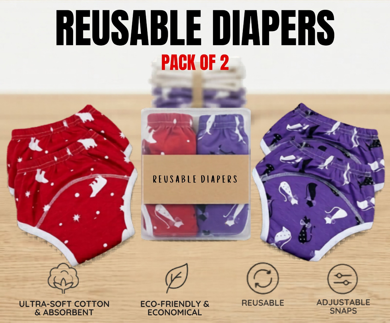 Washable Diapers for Kids - Reusable Baby Cloth Diapers - Leakproof & Eco-Friendly Washable Diaper with  Cotton Elastic Waist By AURA MART