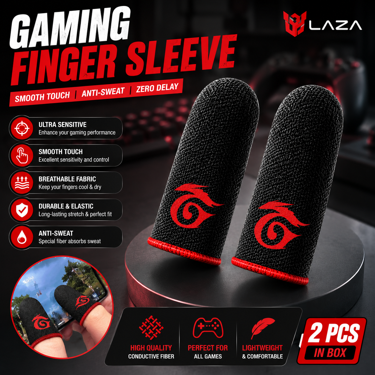 LAZA Gaming Finger Sleeves 2PCS for PUBG, Free Fire, COD Mobile | Anti-Sweat Conductive Fiber | Ultra Sensitive Mobile Gaming Thumb Sleeves | Breathable Touch Screen Finger Covers