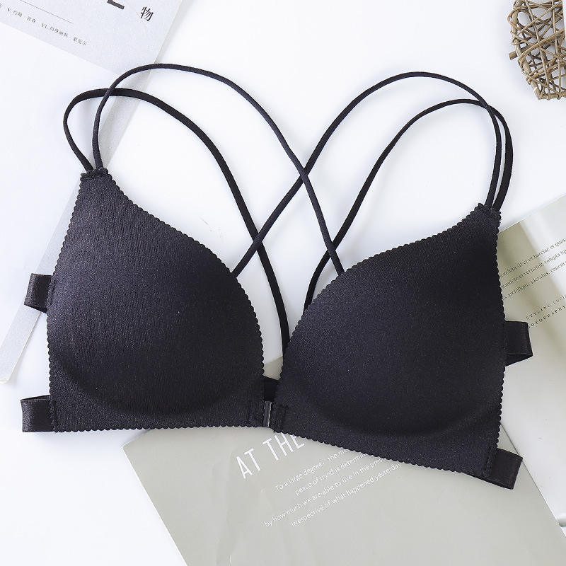 SHELFEN Front Closure Bra - Multi Cross Straps, Seamless, Padded, Wire-Free