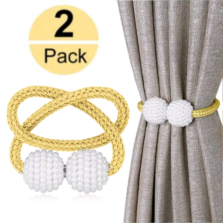 2 PCS Magnetic Pearl Curtain Buckle Magnetic Curtain Tiebacks Convenient Drape Tie European Style Decorative Weave Rope Curtain Rings & Buckles Holder for Window Sheer Blackout Draperies, Braided Straps Ball Buckles,  Parday