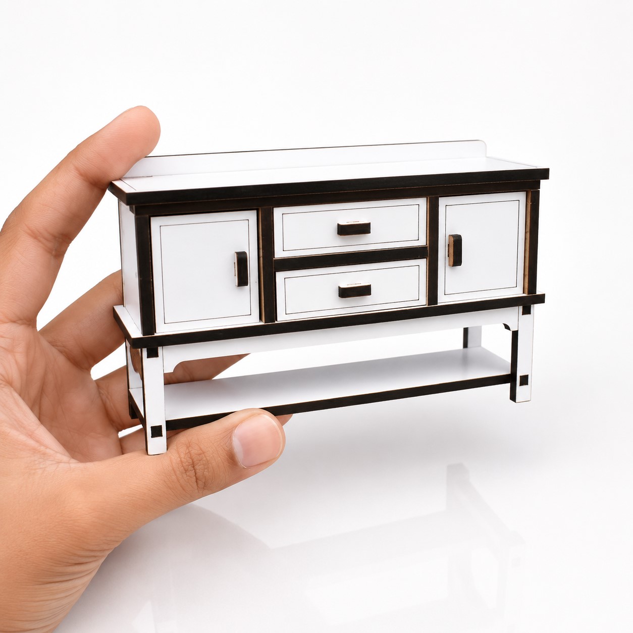 Miniature Wooden Dollhouse Furniture Dining Table Set with Chairs & Kitchen Cabinet | Handmade Mini Home Furniture | Decorative Doll House Furniture for Kids & Home Décor