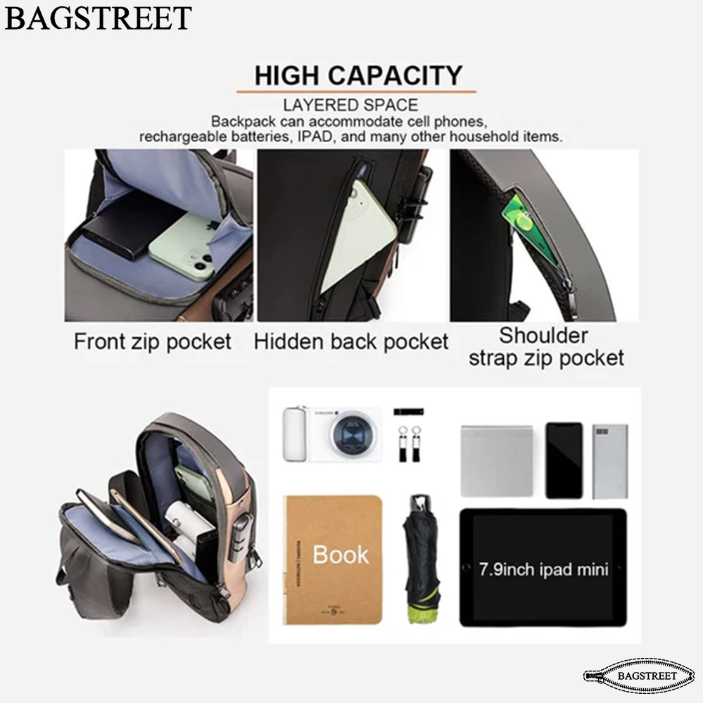 BAGSTREET New Waterproof Anti-Theft Unisex Sling Crossbody Bag with USB Charging Port and Combination Lock - Black