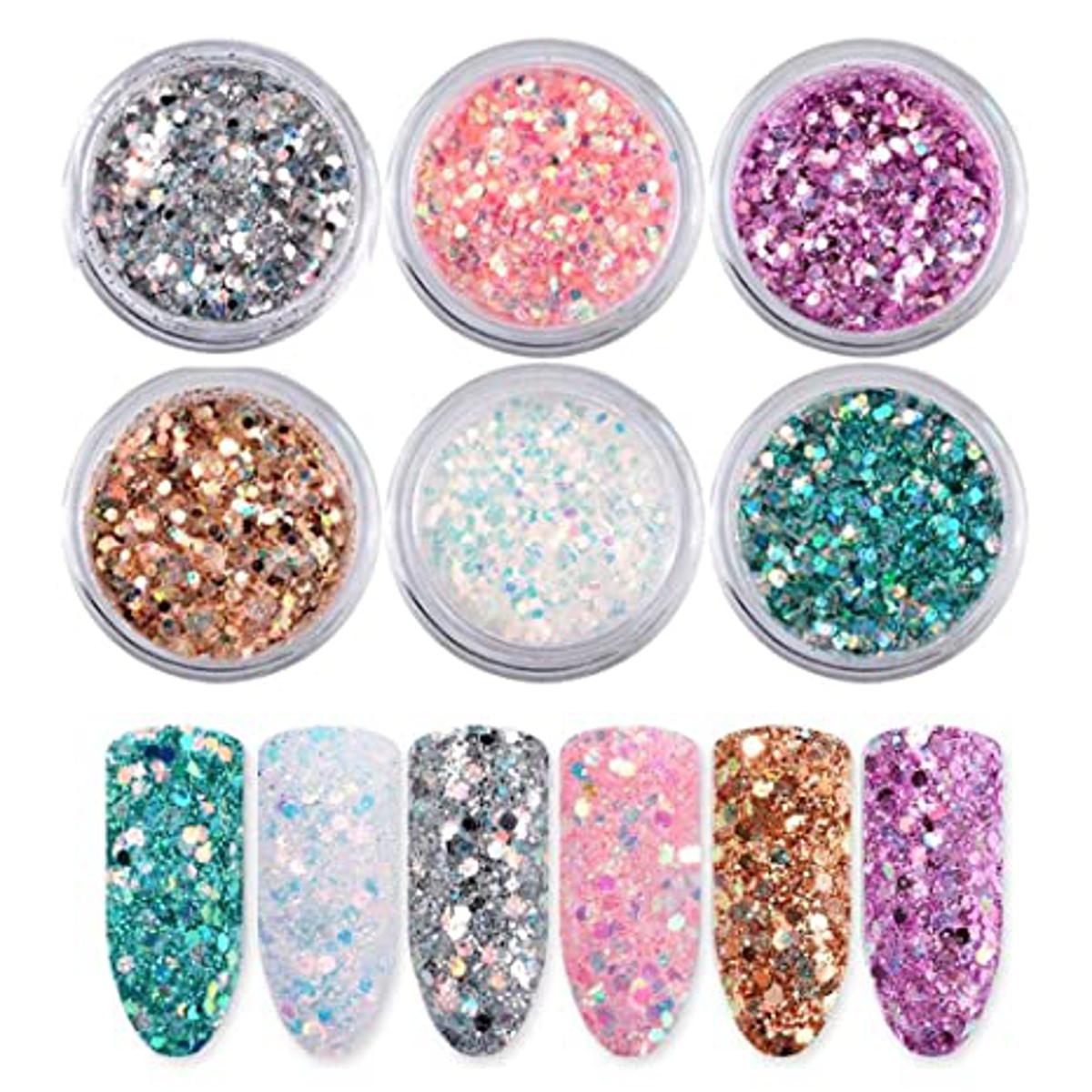 6 boxes/setvLaser Mixed Nail Glitter Powder Sequins Shinning Colorful Nail Flakes 3d Charm Dust For Nail Art Decorations