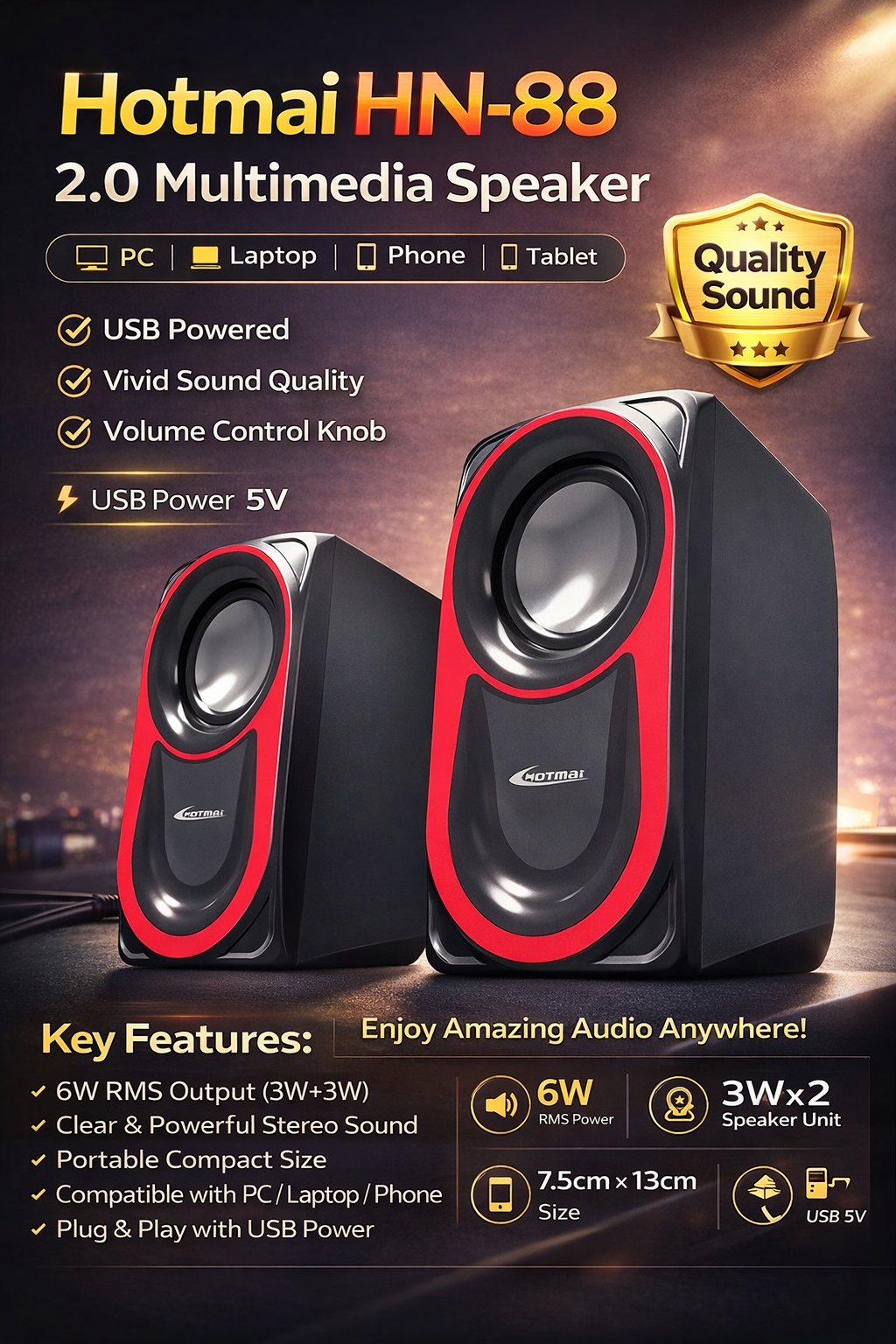Hotmai HN-88 Quality SOUND 2.0 Multimedia Speaker Support PC / Phone / Laptop SB Computer Multimedia Speaker Hotmai HN88
