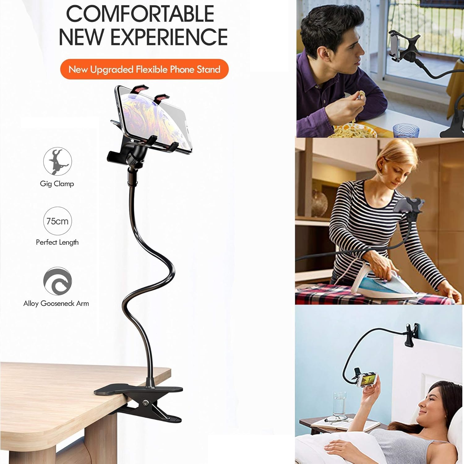 Mobile Stand Holder Metal Built - Cell Phone Stand Perfect for Video Table Online Class Home Bed Flexible Charging Hand Bike Movie Office Gift Desktop Heavy Duty Lazy Mount Multi Angle Clamp