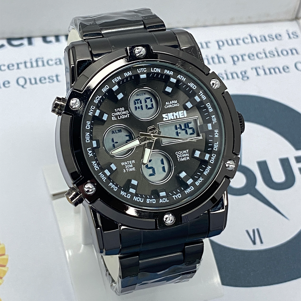 SMK 1389 Dual Time Chain Watch with Analog-Digital Display Stainless Steel Case Waterproof Alarm Stopwatch & LED Light for Men